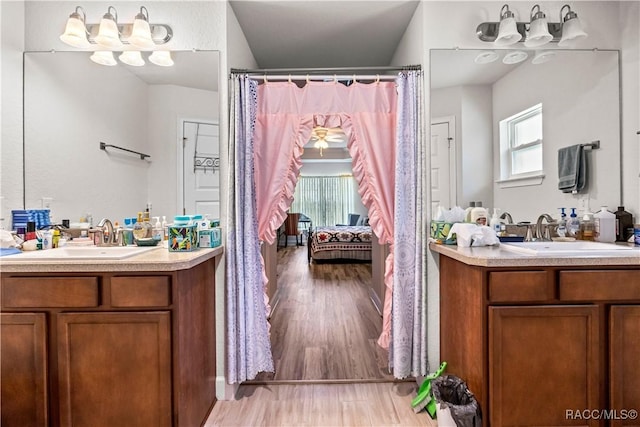 bathroom featuring a healthy amount of sunlight, wood finished floors, and a sink