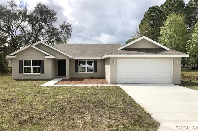 single story home with stucco siding, a shingled roof, concrete driveway, an attached garage, and a front yard