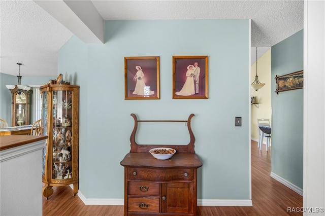 hallway featuring a textured ceiling, baseboards, and wood finished floors