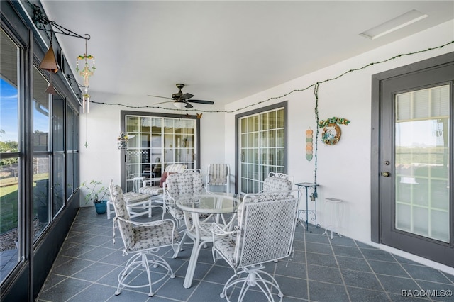 sunroom / solarium featuring a ceiling fan and a wealth of natural light