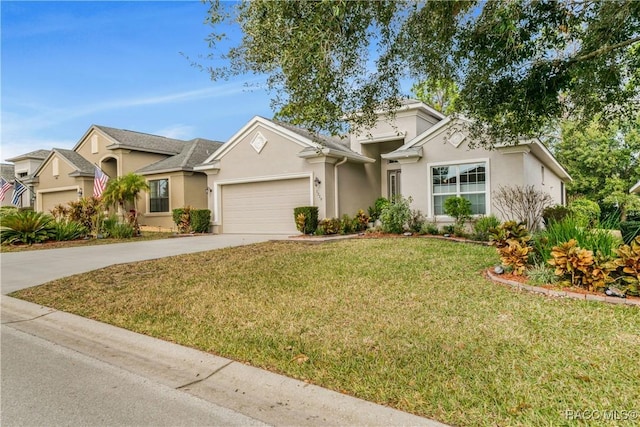 ranch-style house with a garage and a front yard