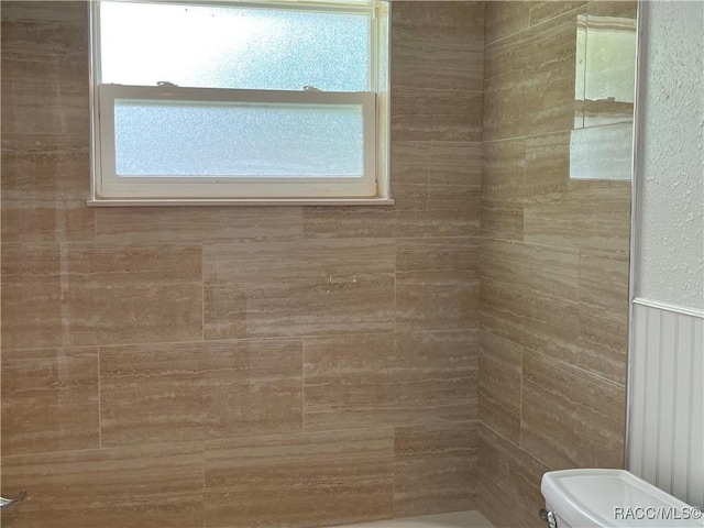 bathroom featuring a healthy amount of sunlight, toilet, and walk in shower