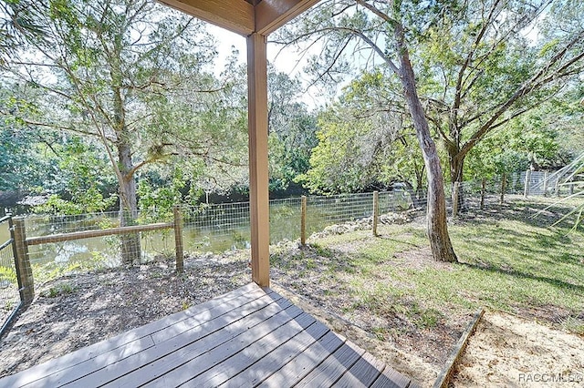 wooden deck with a fenced backyard and a lawn