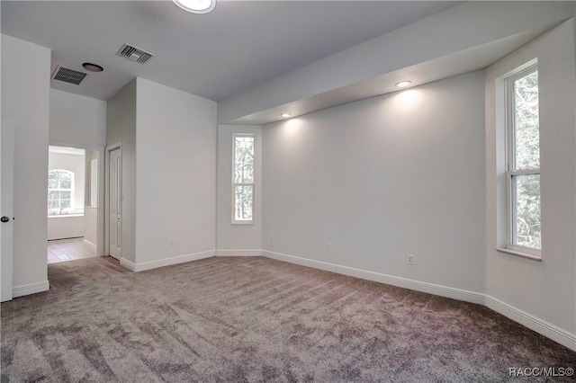 unfurnished room with plenty of natural light and light colored carpet