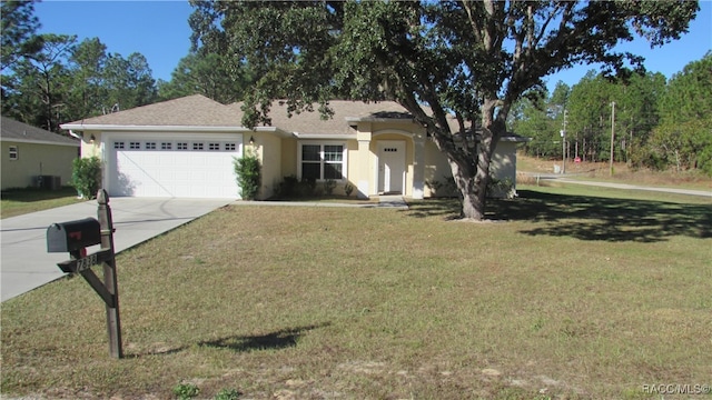 ranch-style house featuring central AC, a front lawn, and a garage