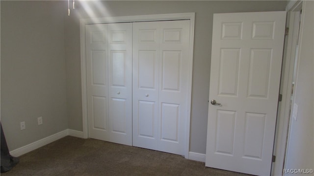 interior space with a closet and dark colored carpet