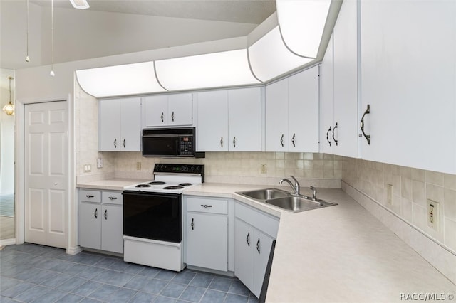 kitchen with white cabinetry, sink, backsplash, lofted ceiling, and electric stove