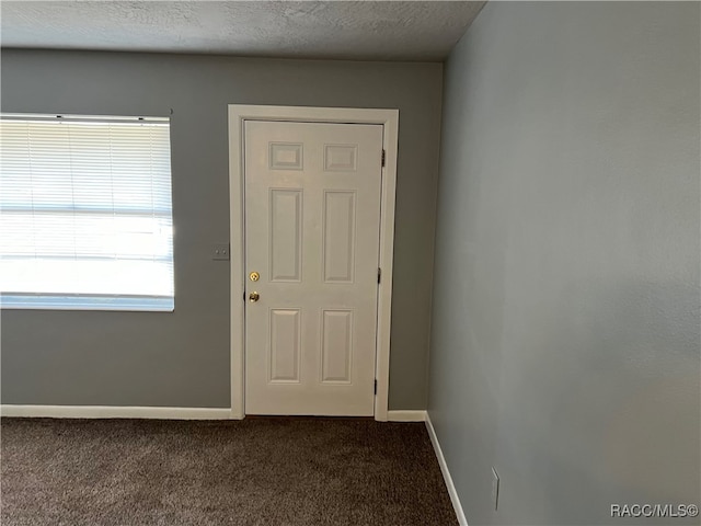 entryway with carpet flooring and a textured ceiling