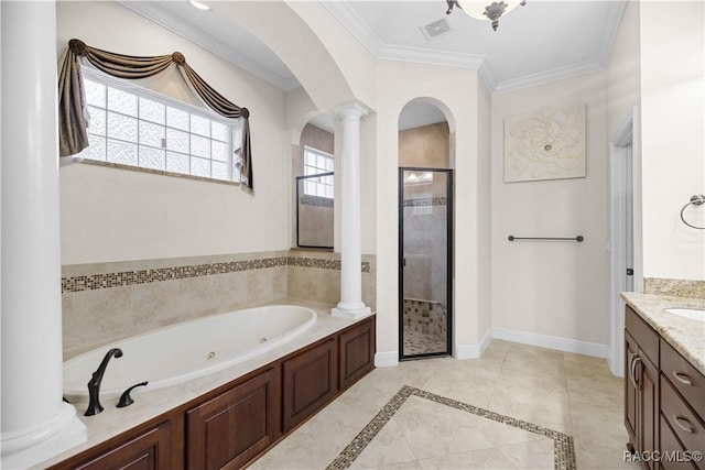 bathroom with vanity, ornamental molding, plus walk in shower, and ornate columns