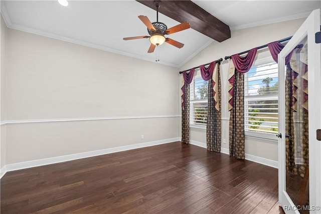 spare room featuring ceiling fan, vaulted ceiling with beams, crown molding, and dark hardwood / wood-style floors