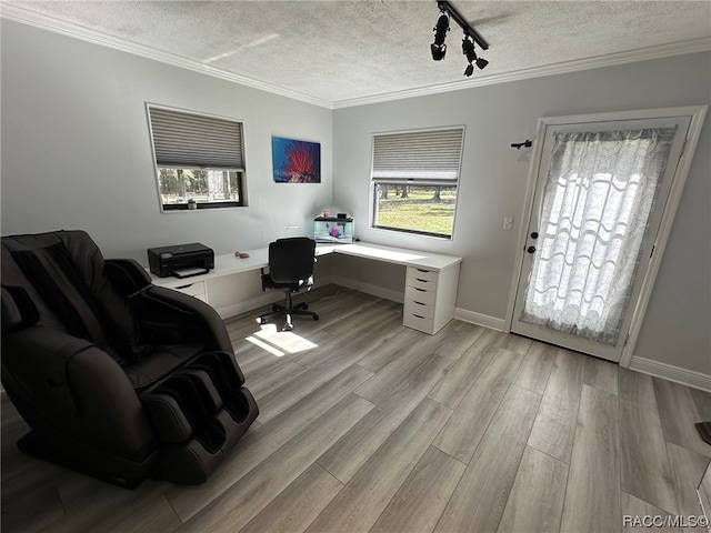 office featuring a textured ceiling, light hardwood / wood-style floors, track lighting, and ornamental molding