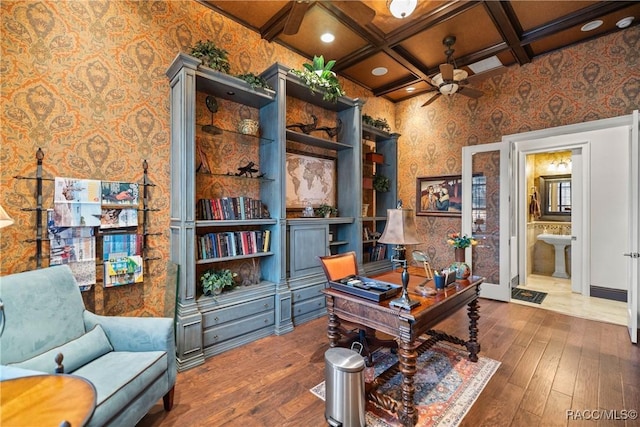 office area featuring beamed ceiling, coffered ceiling, hardwood / wood-style floors, and ceiling fan