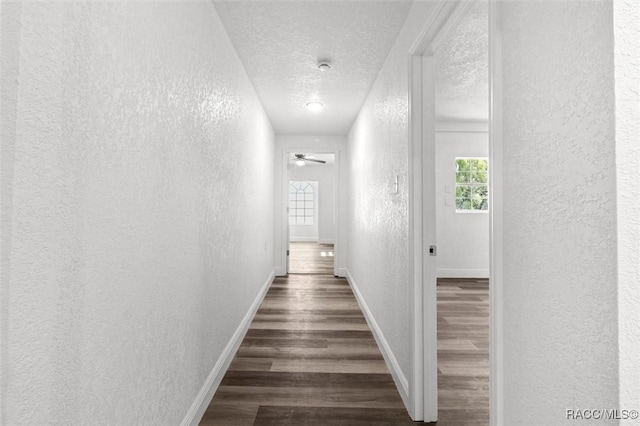 383 S Rooks Ave, Inverness, FL 34453 - corridor with a textured ceiling, baseboards, a textured wall, and dark wood-type flooring