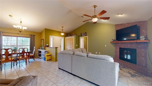 826 E Gaines Ln, Hernando, FL 34442 - living room with light tile patterned floors, vaulted ceiling, a ceiling fan, and a fireplace