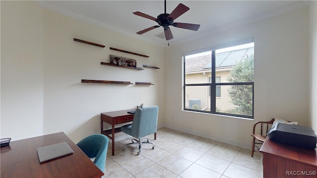 office with ceiling fan, ornamental molding, baseboards, and light tile patterned flooring