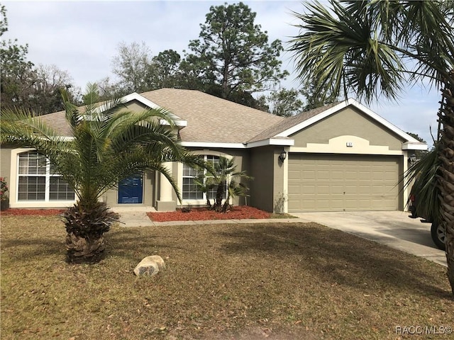 ranch-style home featuring concrete driveway, an attached garage, roof with shingles, and stucco siding