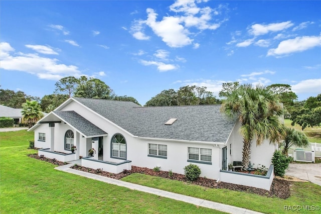 single story home with central AC and a front yard