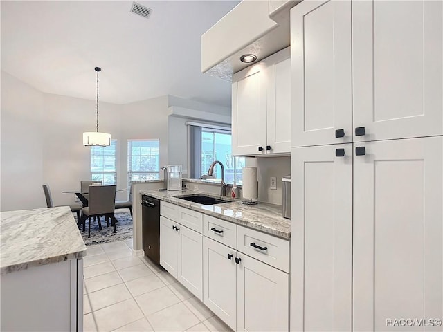 kitchen with sink, pendant lighting, white cabinetry, and dishwasher