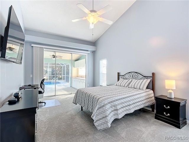 carpeted bedroom featuring ceiling fan, high vaulted ceiling, and access to exterior