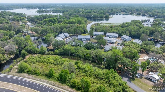 aerial view with a water view and a wooded view