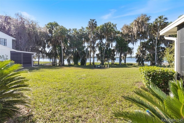 view of yard with a water view