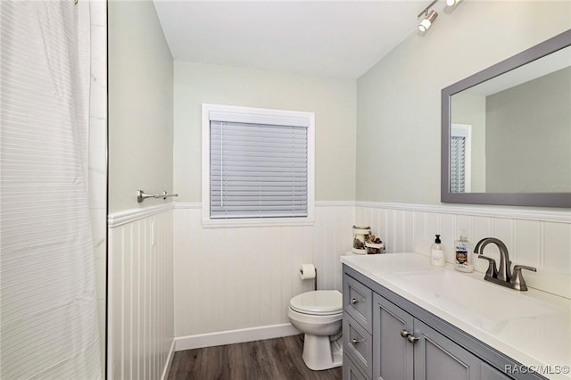 full bath featuring curtained shower, toilet, a wainscoted wall, wood finished floors, and vanity