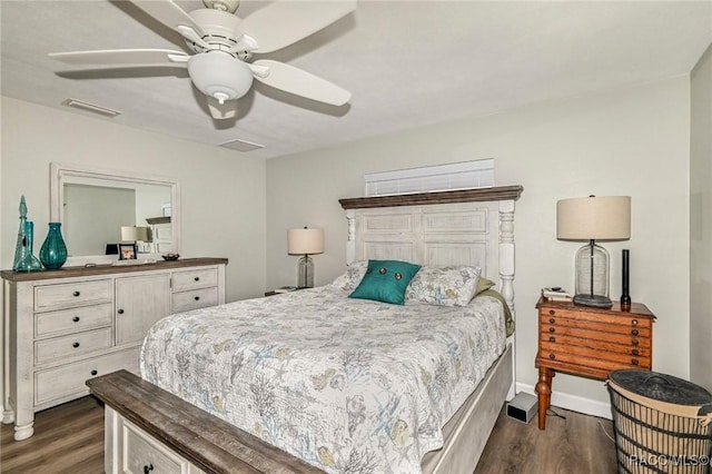 bedroom featuring baseboards, visible vents, ceiling fan, and dark wood-type flooring