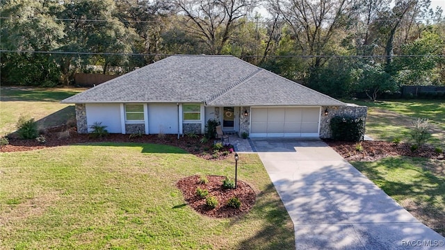 single story home with roof with shingles, a garage, stone siding, driveway, and a front lawn