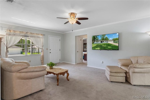 833 Maple Ave, Inverness, FL 34452 - carpeted living area featuring ceiling fan, crown molding, and baseboards