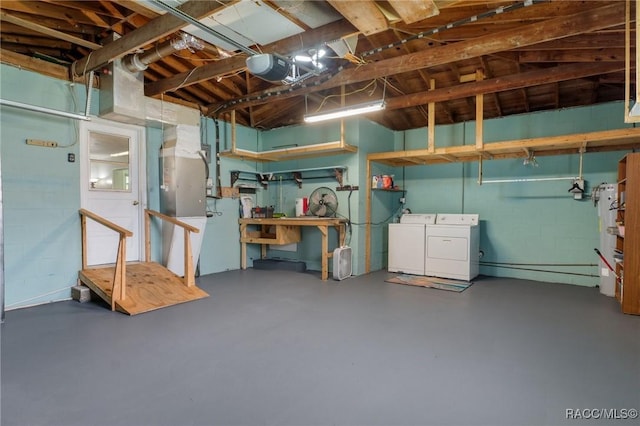 833 Maple Ave, Inverness, FL 34452 - basement featuring washing machine and dryer, concrete block wall, and a workshop area