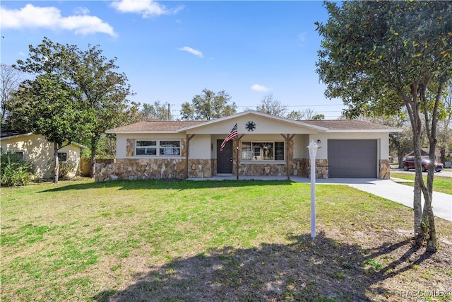 ranch-style home with a garage and a front yard