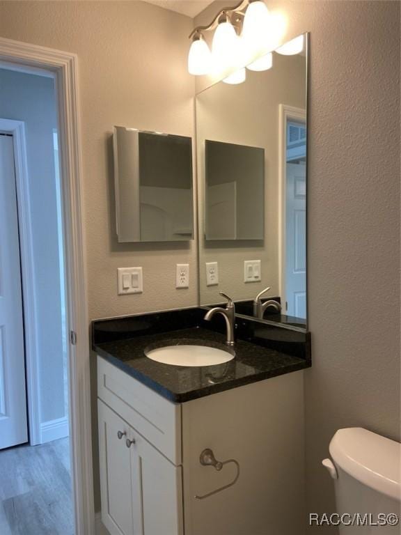 bathroom with vanity, wood-type flooring, and toilet