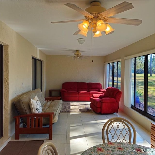 living room with light tile patterned flooring