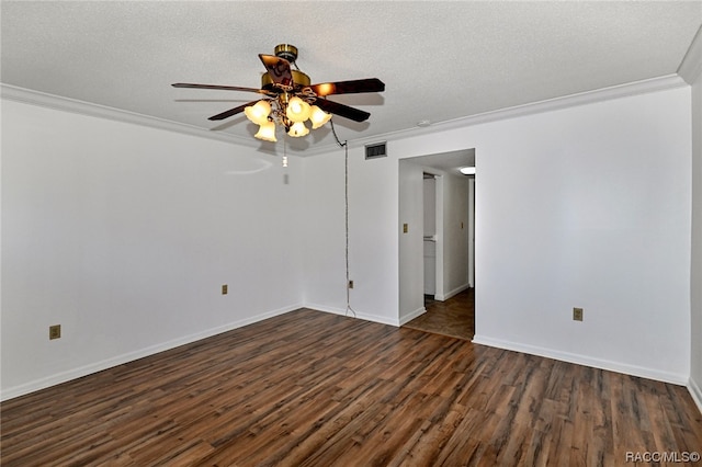 spare room featuring a textured ceiling, dark hardwood / wood-style flooring, ceiling fan, and crown molding