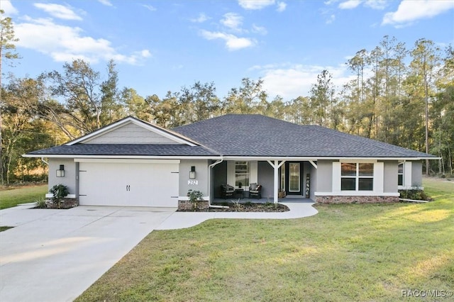 ranch-style home with a garage, covered porch, driveway, a front lawn, and stucco siding