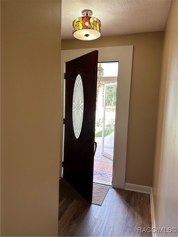 entryway featuring a textured ceiling and dark hardwood / wood-style flooring