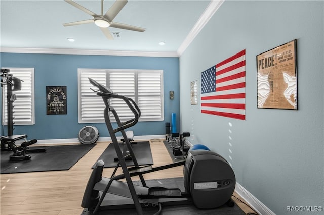 exercise room featuring a wealth of natural light, crown molding, ceiling fan, and hardwood / wood-style flooring