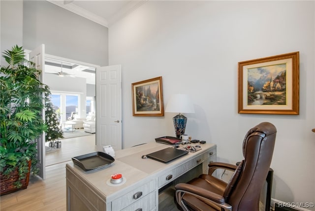 home office with crown molding, ceiling fan, and light wood-type flooring