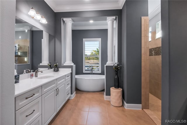 bathroom with tile patterned flooring, separate shower and tub, decorative columns, vanity, and ornamental molding