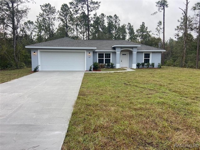 ranch-style house with a front lawn and a garage