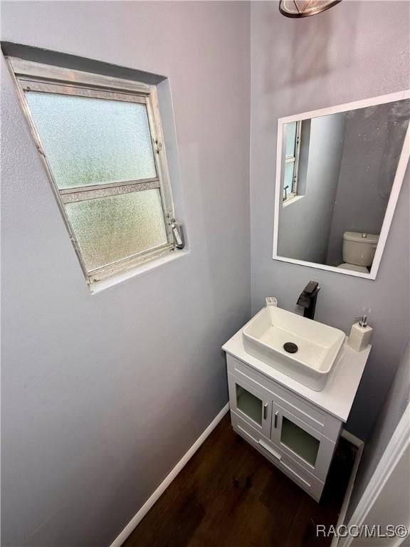 bathroom featuring vanity, toilet, and wood-type flooring