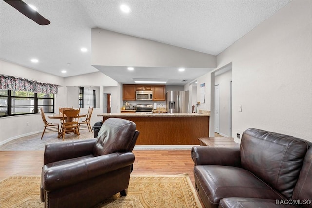 3085 Greynolds Ave, Spring Hill, FL 34608 - living room featuring light wood-style flooring, lofted ceiling, a textured ceiling, and recessed lighting