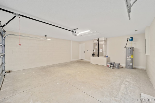 garage with water heater, heating unit, and a garage door opener