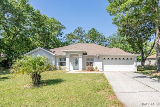 view of front of property featuring a shingled roof, a garage, concrete driveway, a front lawn, and stucco siding