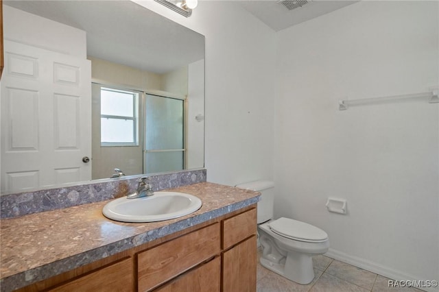 bathroom featuring tile patterned flooring, vanity, toilet, a shower stall, and visible vents