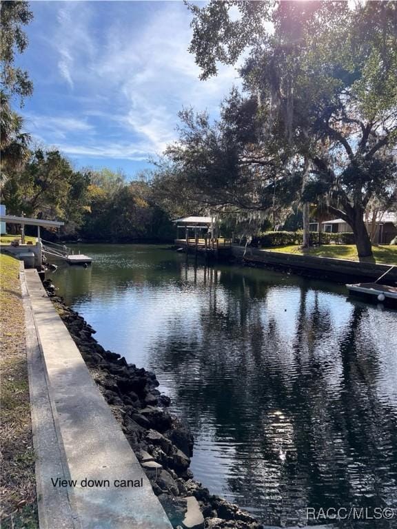 property view of water featuring a boat dock