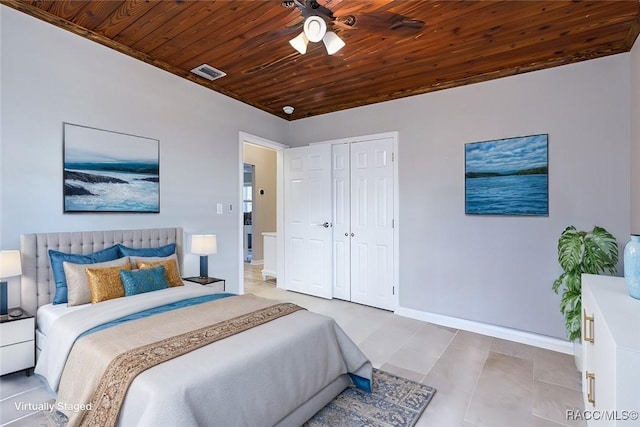 bedroom with wood ceiling and a closet