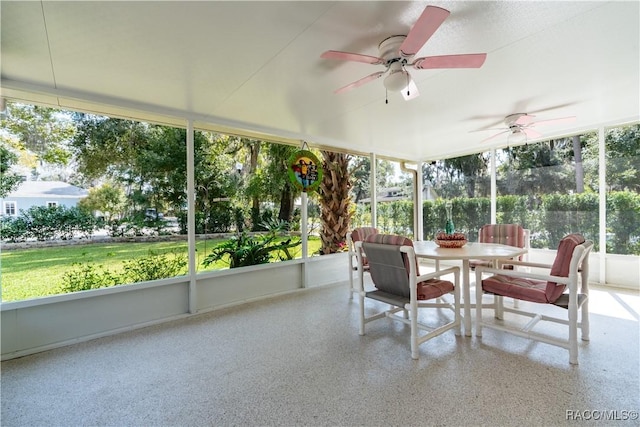 sunroom / solarium featuring ceiling fan