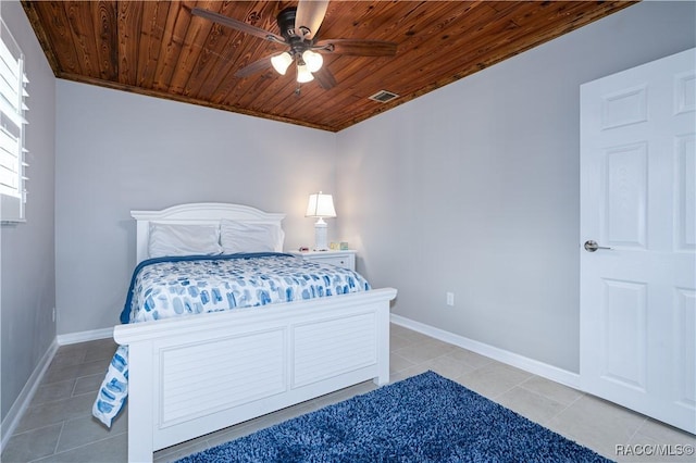 bedroom featuring tile patterned flooring, ceiling fan, and wood ceiling