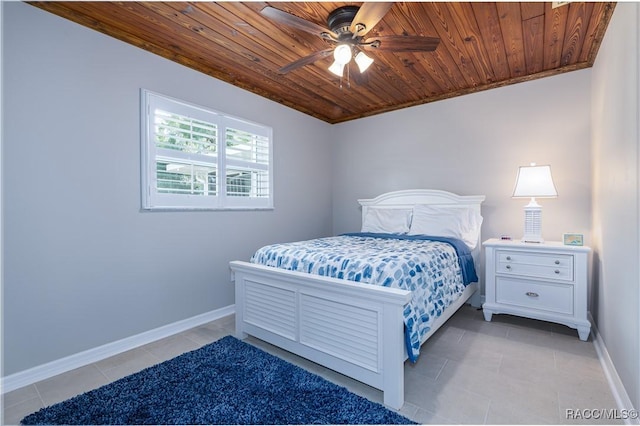 bedroom with light tile patterned floors, wooden ceiling, and ceiling fan